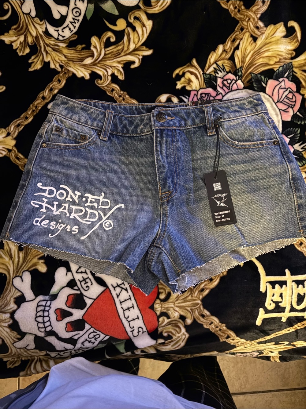 Ed Hardy Blue Denim Cutoff Shorts with White Logo
